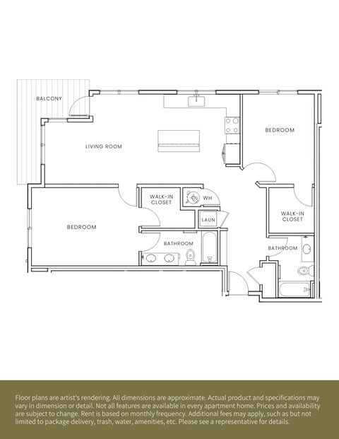 A floor plan of an apartment with a living room, two bedrooms, a bathroom, and a balcony.